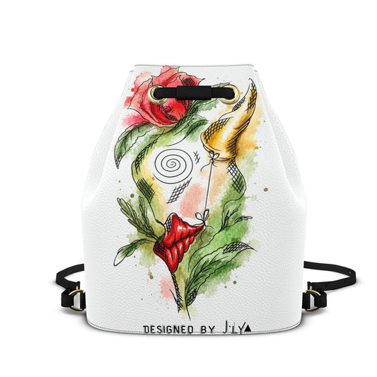 Designer Leder-Rucksack mit Kordelzug Rose & Lips Tattoo Art | J'LŶA Art & Fashion