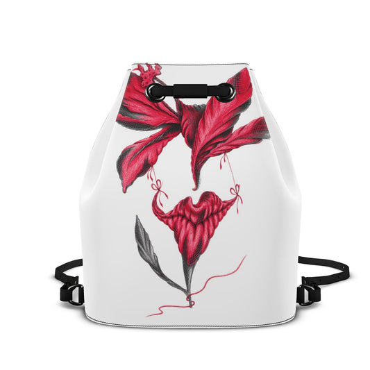 Designer Leder-Rucksack mit Kordelzug Crimson Hibiscus Sketch | J'LŶA Art & Fashion