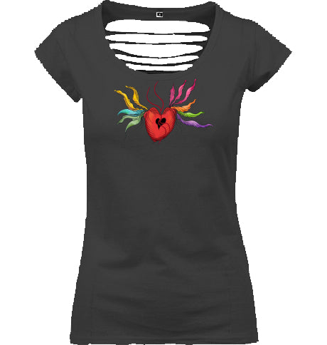 Heart Floral Damen-T-Shirt mit offenem Rücken | J'LŶA