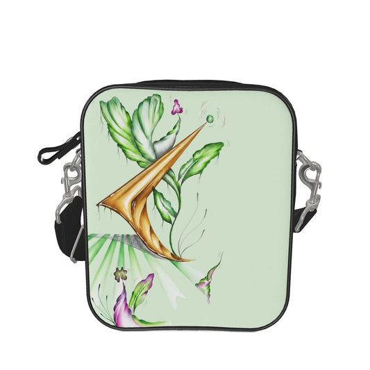 Umhängetasche in Mintgrün mit schwarzem Rand, Metallkarabinern und abstraktem Blumenmotiv in Grün und Violett